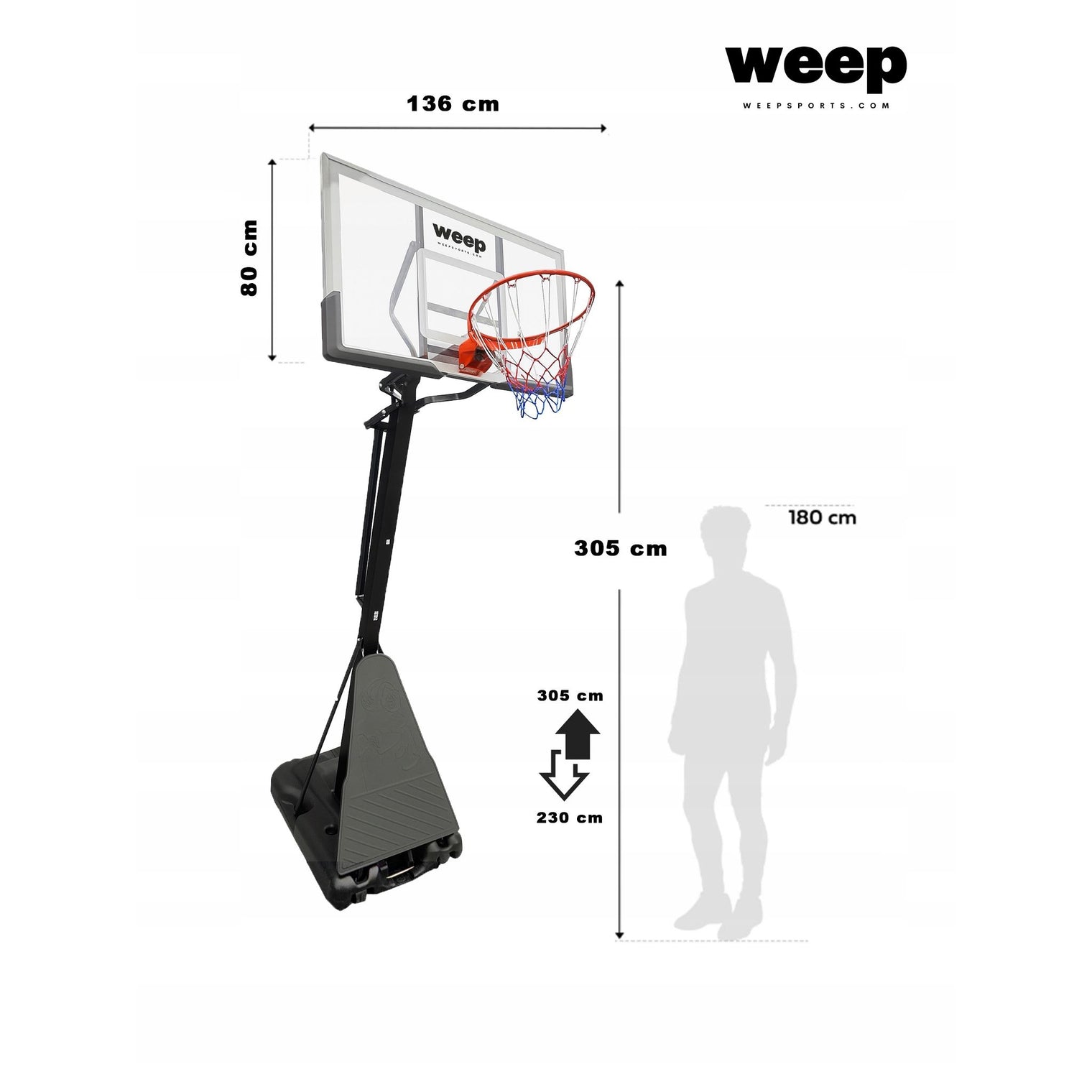 Zestaw do koszykówki Kosz WEEP M027 pełnowymiarowy do 305cm z korbą 80x136