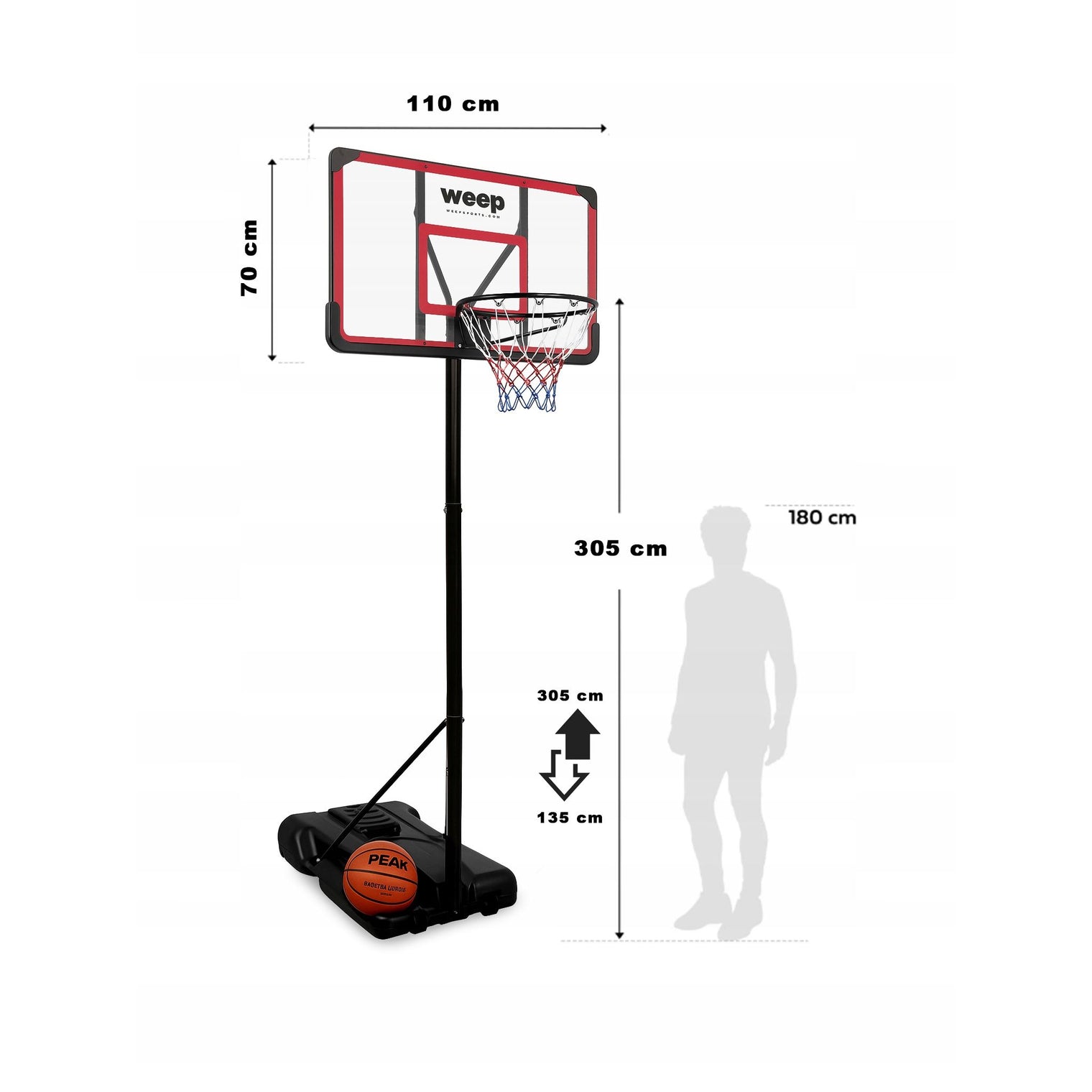 Zestaw kosz do koszykówki WEEP M026A-2 regulowany do 305cm Stabilny Mobilny