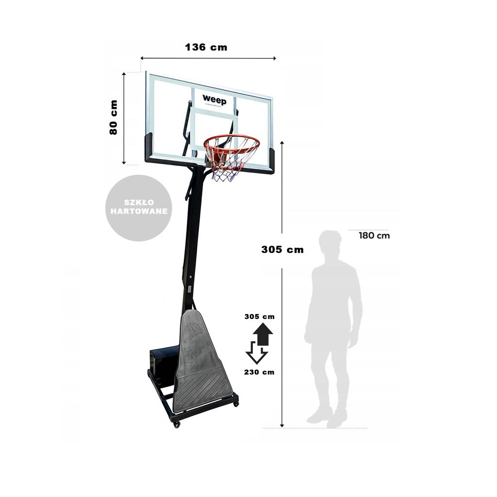 Zestaw do koszykówki Kosz WEEP M028 szkło hartowane pełnowymiarowy do 305cm