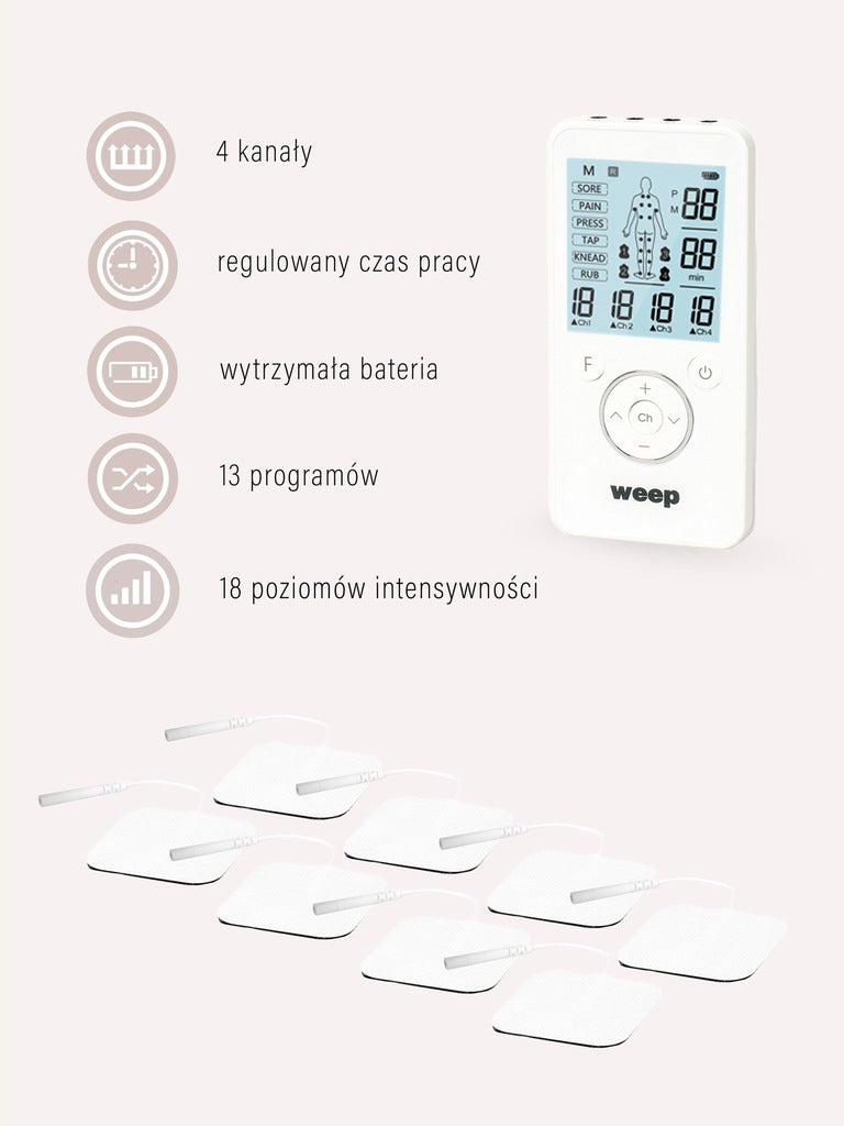 Masażer elektrostymulator mięśni i nerwów WEEP masaż TENS EMS aż 8 ELEKTROD