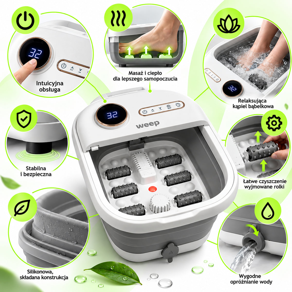 Weep T5 Pro Foldable Water Foot Massager Hydromassager Heating Rollers 500W