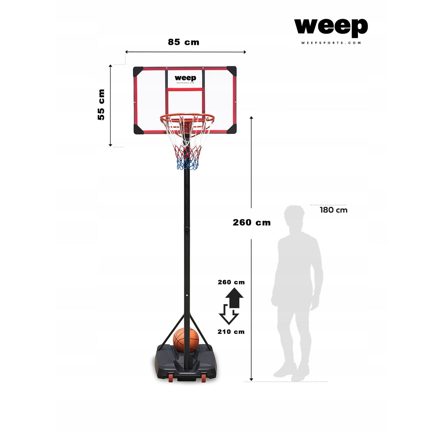 Zestaw do koszykówki Kosz WEEP TN001 regulowany do 260cm mobilny 82x52cm